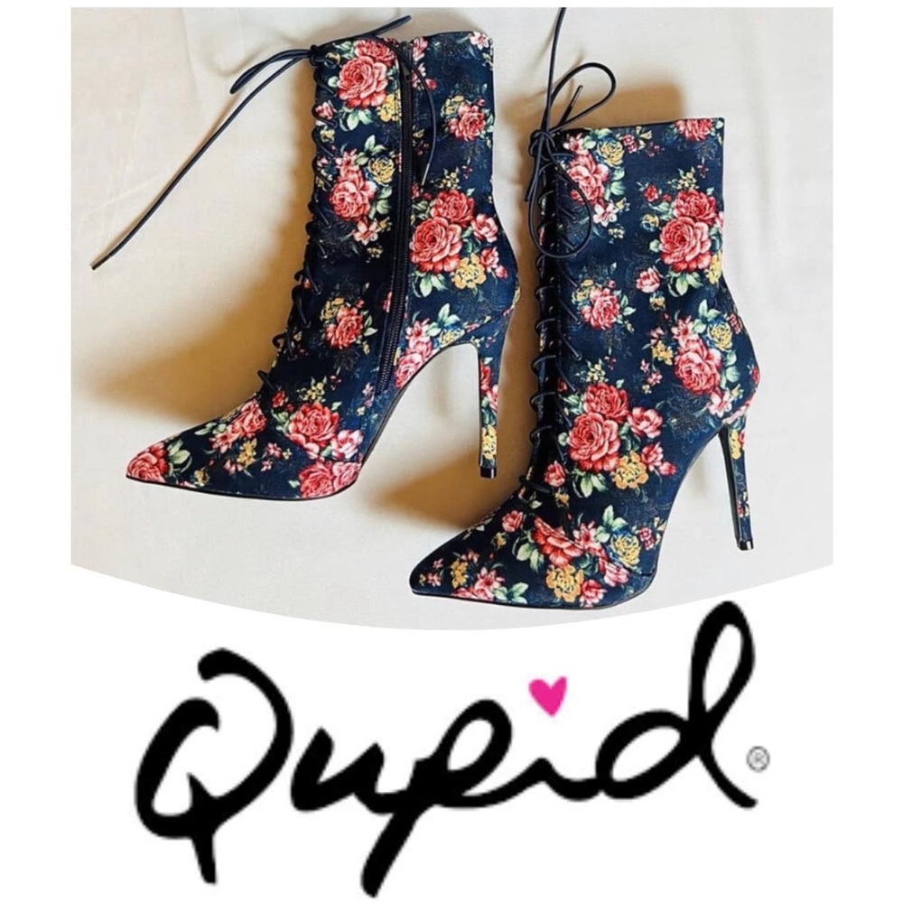 Qupid Blue Floral Heel Boots